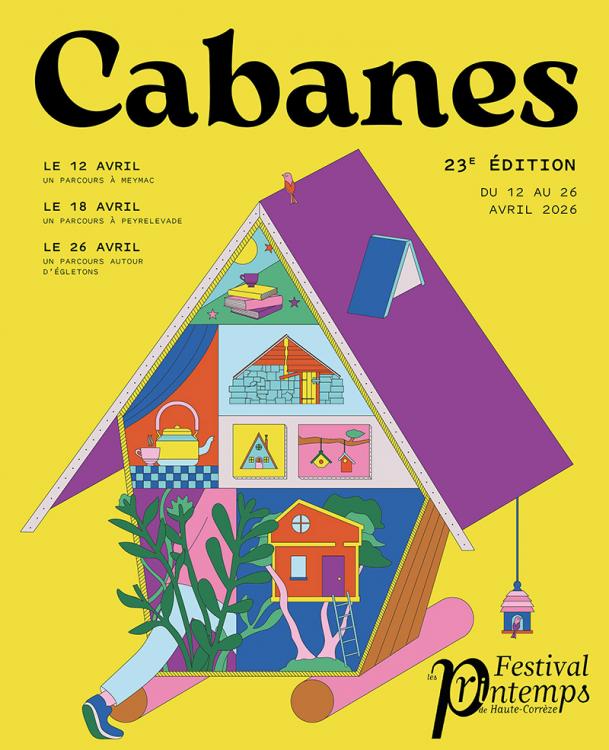 une cabane stylisée colorée et sur fond jaune